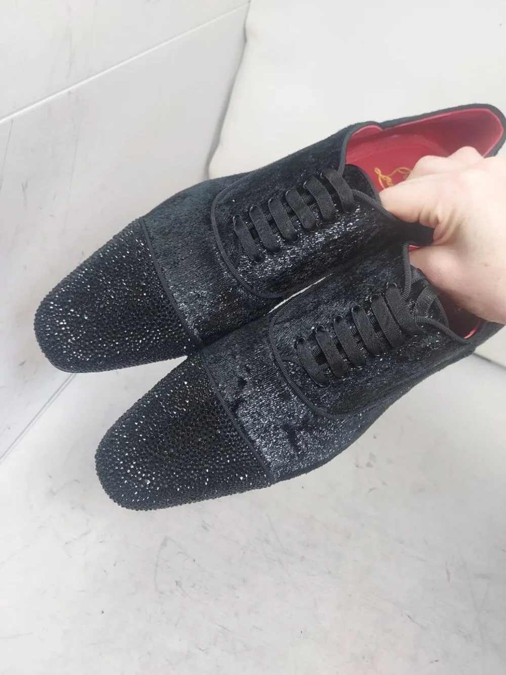 Christian Louboutin Black Greggy Chick Bejeweled Strass Lace Up Velvet Loafer